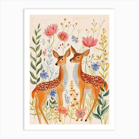 Folksy Floral Animal Drawing Deer 5 Art Print