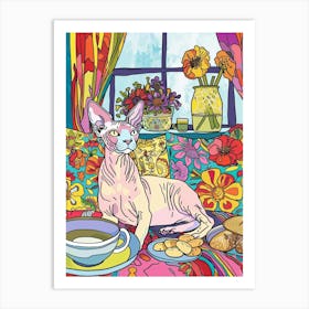 Tea Time With A Sphynx Cat 1 Art Print