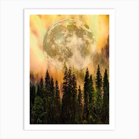 Full Moon In The Forest Nature Pine Trees Sky Night Art Print