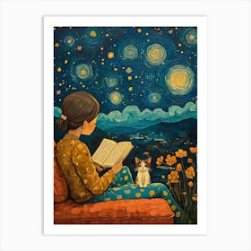 Girl Reading Book with Her Cat 3 Art Print