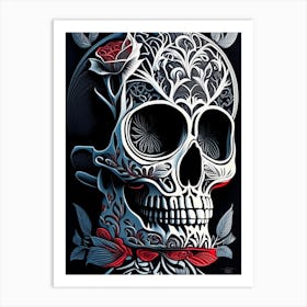 Skull With Tattoo Style Artwork Primary Colours Linocut Art Print