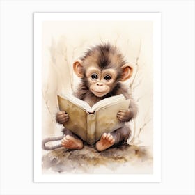 Monkey Painting Reading Watercolour 1 Art Print
