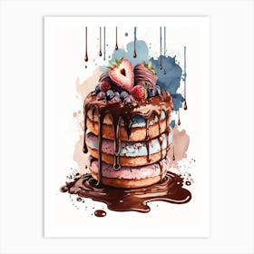 Pancakes covered with chocolate and strawberries watercolors Art Print