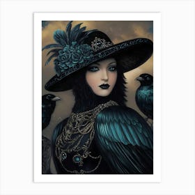 Dark Gothic Woman and Crow Art Print