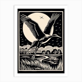 B&W Bird Linocut Stork 4 Art Print