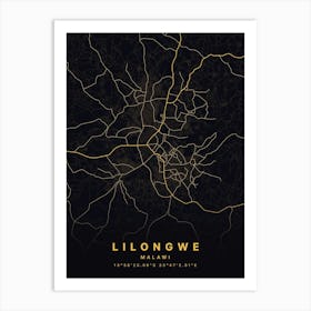 Lilongwe Malawi Black And Gold Map Art Print