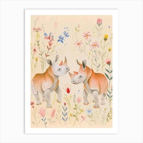 Folksy Floral Animal Drawing Rhino 4 Art Print