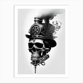 Skull With Tattoo Style Artwork White Stream Punk Art Print