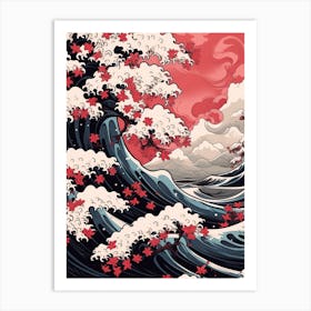 Great Wave With Cherry Blossom Flower Drawing In The Style Of Ukiyo E 4 Art Print