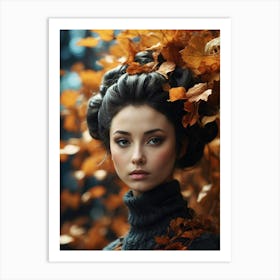 Beautiful Girl In Autumn Leaves Art Print