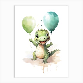 Baby Alligator Flying With Ballons, Watercolour Nursery Art 2 Art Print