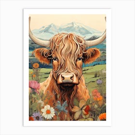 Floral Portrait Painting Style Of Highland Cow 1 Art Print