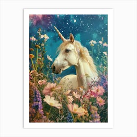 Floral Unicorn In Space Retro Collage 2 Art Print