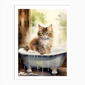 Norwegian Forest Cat In Bathtub Botanical Bathroom 6 Art Print