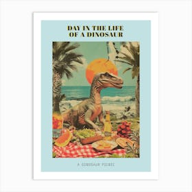 Dinosaur Having A Picnic Retro Collage 3 Poster Art Print