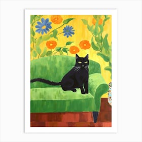 Black Cat Sitting In An Green Armchair Art Print