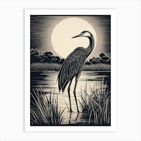 B&W Bird Linocut Great Blue Heron 3 Art Print