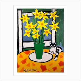 Painting Of A Still Life Of A Daffodils With A Cat In The Style Of Matisse 4 Art Print