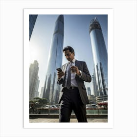 Businessman Engrossed In Galloping Through A Bustling Cityscape Taps Away On His Sleek Smartphone (2) Art Print