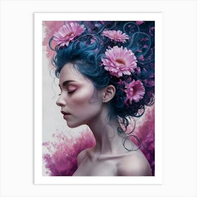 Blue Haired Girl With Flowers Art Print