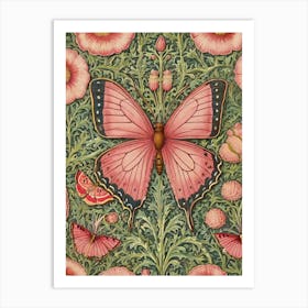 Pink Poppies And Butterflies Style William Morris Art Print