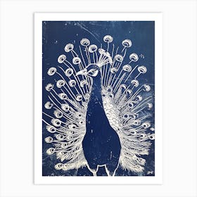 Dark Navy Peacock Linocut Inspired Art Print