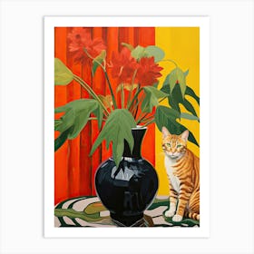 Amaryllis Flower Vase And A Cat, A Painting In The Style Of Matisse 1 Art Print