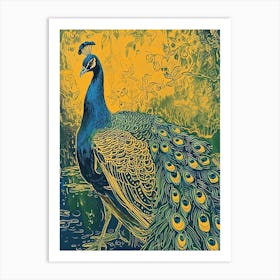 Blue Mustard Peacock Linocut Inspired 3 Art Print