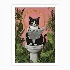 A Black And White Cat Sitting On The Open Toilet Seat Reading A Newspaper Surrounded By Lush Green Plants Art Print