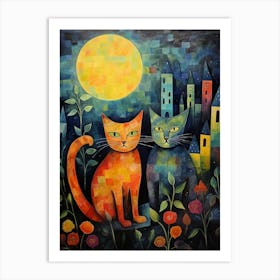 Two Cats In A Garden At Night In Front Of A Medieval Village Art Print