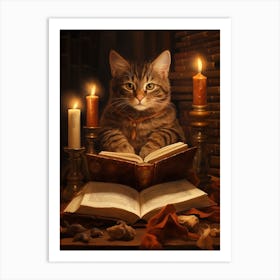 Cat Reading A Book In A Medieval Library 1 Art Print