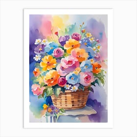 Watercolor Flowers In A Basket 1 Art Print