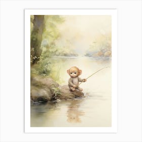 Monkey Painting Fishing Watercolour 1 Art Print