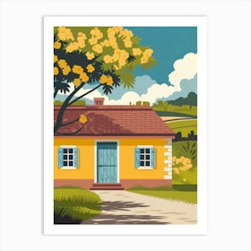 Anime Canvas Art: Cozy Yellow House with Flowering Tree, Orange Branches, and Blue Sky, Perfect for Lofi Aesthetic and Tranquil Nature Lovers. Art Print