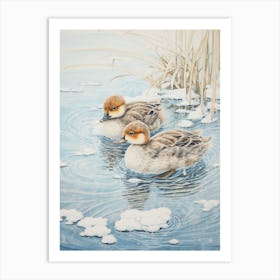 Ducklings In The Icy Water Japanese Woodblock Style 1 Art Print