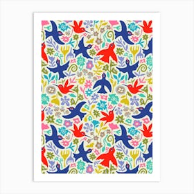 BIRDWATCHING LOVE Colourful Cute Birds Hummingbirds Flowers Mushrooms in Rainbow Colours Art Print