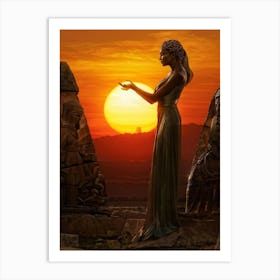 A Digital Painting Capturing The Merging Of Different Eras A Monumental Statue Of A Woman Holding T (3) Art Print