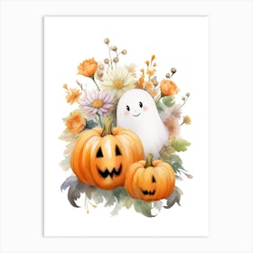 Cute Ghost With Pumpkins Halloween Watercolour 87 Art Print