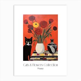 Cats & Flowers Collection Poppy Flower Vase And A Cat, A Painting In The Style Of Matisse 0 Art Print