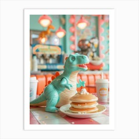 Pastel Toy Dinosaur Eating Pancakes In A Diner Art Print
