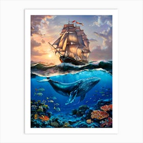 Sailing Ship with Underwater World. Oil Painting #2 Art Print