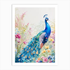 Peacock In A Floral Meadow Watercolour 2 Art Print