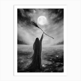 Hail the Lunar Goddess! Monochrome Black and White Dark Aesthetic - Witchy Art Work by John Arwen Full Moon Pagan Witch Broomstick Summer Fields Stormy Moody Women Powerment Spellcasting Wicca Wheel of the Year Witches Feature Wall HD Art Print
