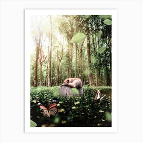 Fox On A Tree Stump And Butterflies Art Print