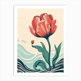 Great Wave With Tulip Flower Drawing In The Style Of Ukiyo E 3 Art Print