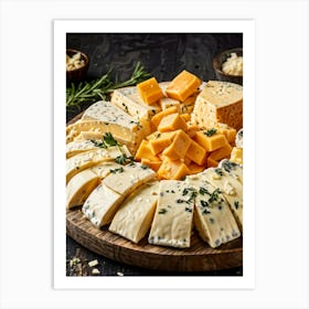 Cheese Fondue Platter Featuring Cheddar Brie Gouda Parmesan Mozzarella Swiss Blocks And Pieces Art Print