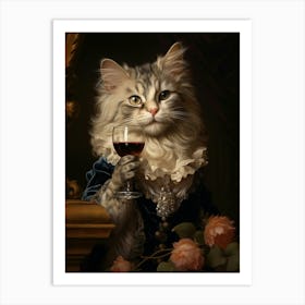 Cat Drinking Wine Rococo Style 6 Art Print