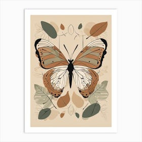 Boho Minimalist Butterfly with Leaves v2 Art Print