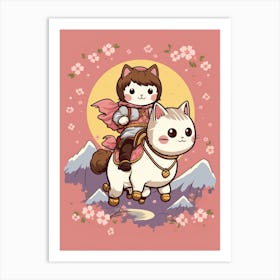 Kawaii Cat Drawings Horseback Riding Art Print