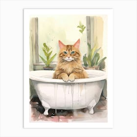 Somali Cat In Bathtub Botanical Bathroom 1 Art Print